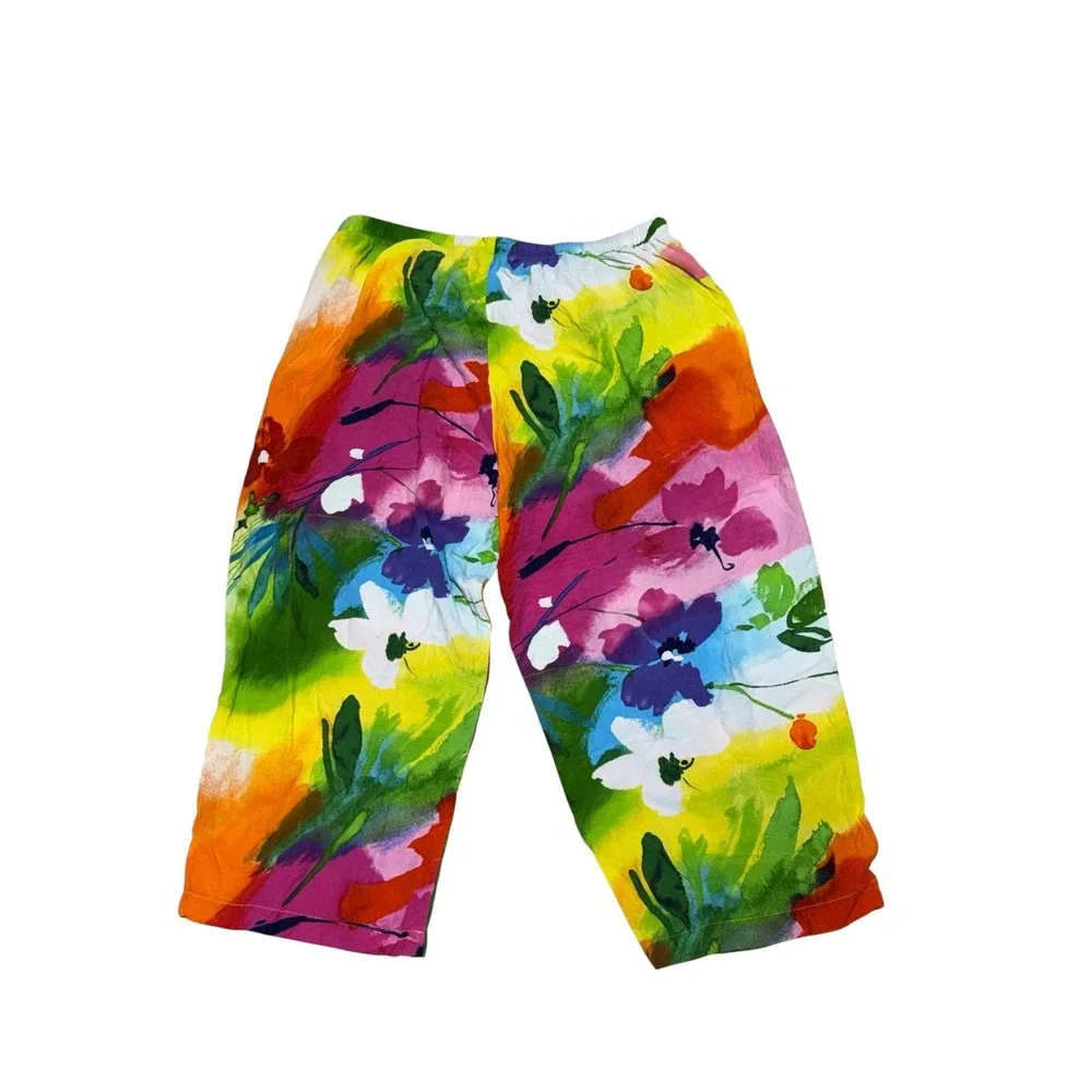 Jams World Crop Pants Womens L Floral Tropical Wide Leg Pull On Capri - Picture 11 of 11